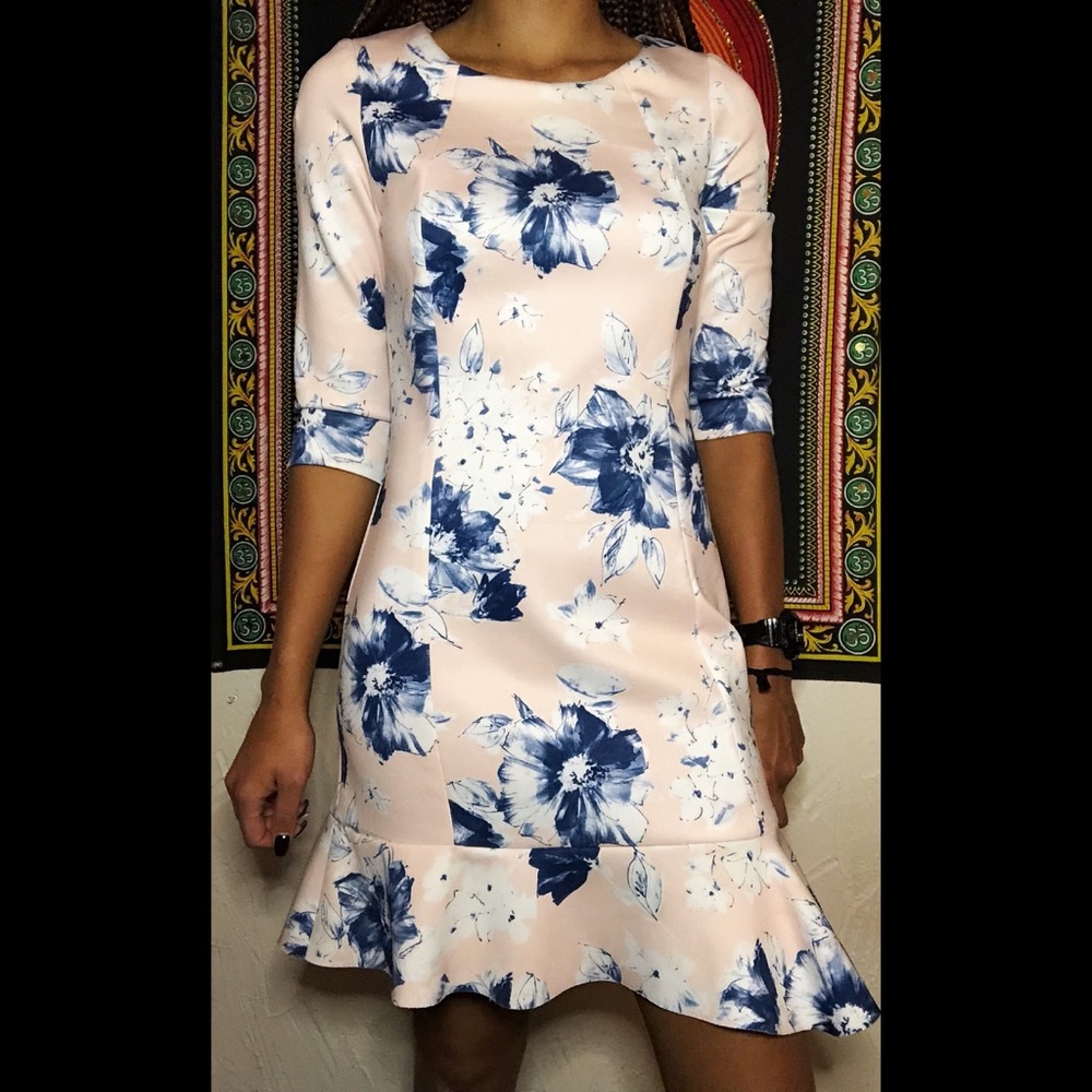 XS ZARA 3/4 Sleeve Pink and Blue Floral Dress